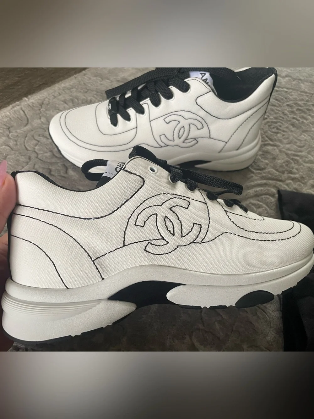 CHANEL White and Black Lace-Up Runner Sneakers